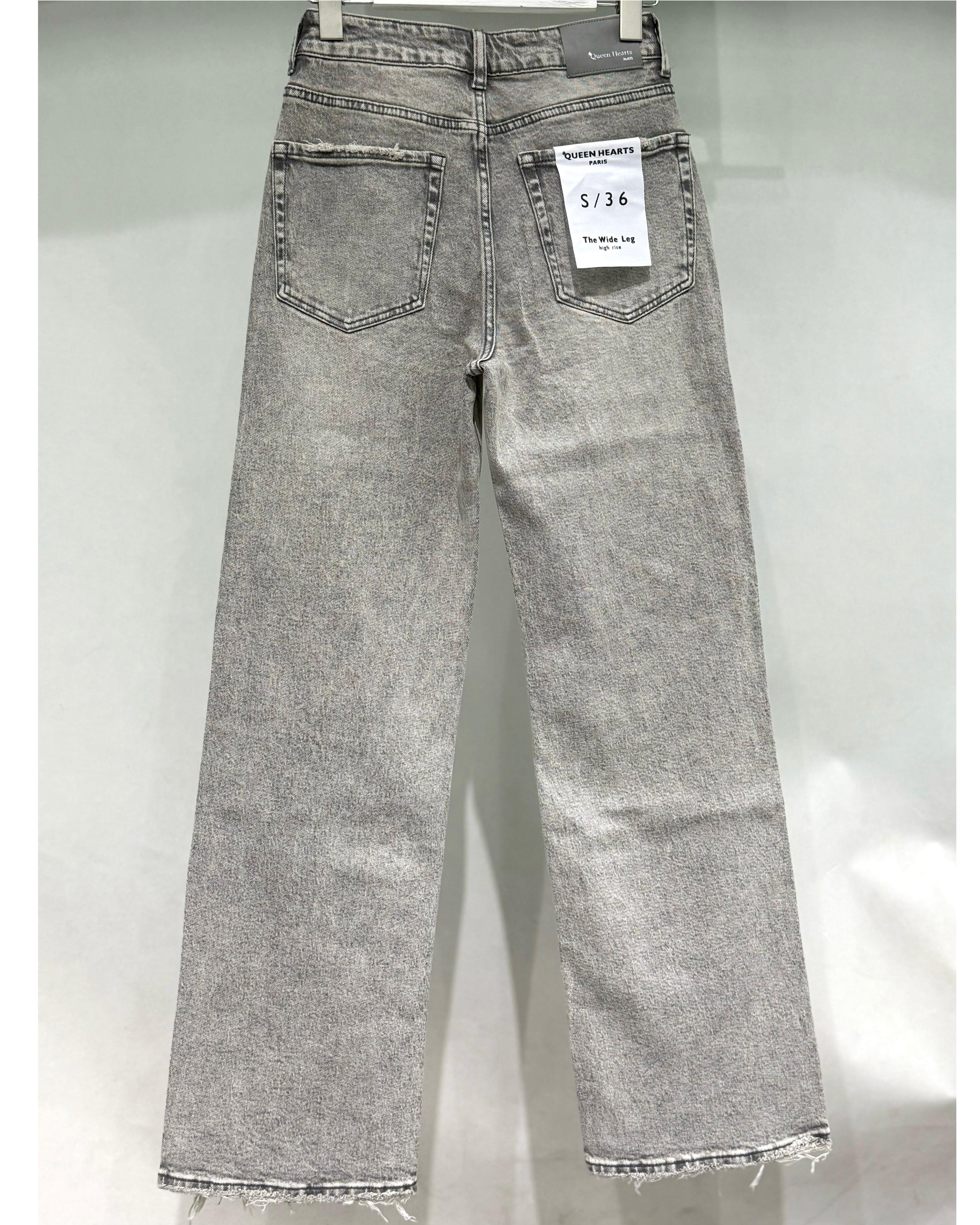 Lichtgrijze wide leg jeans dames met ripped details Queen Hearts - achterkant