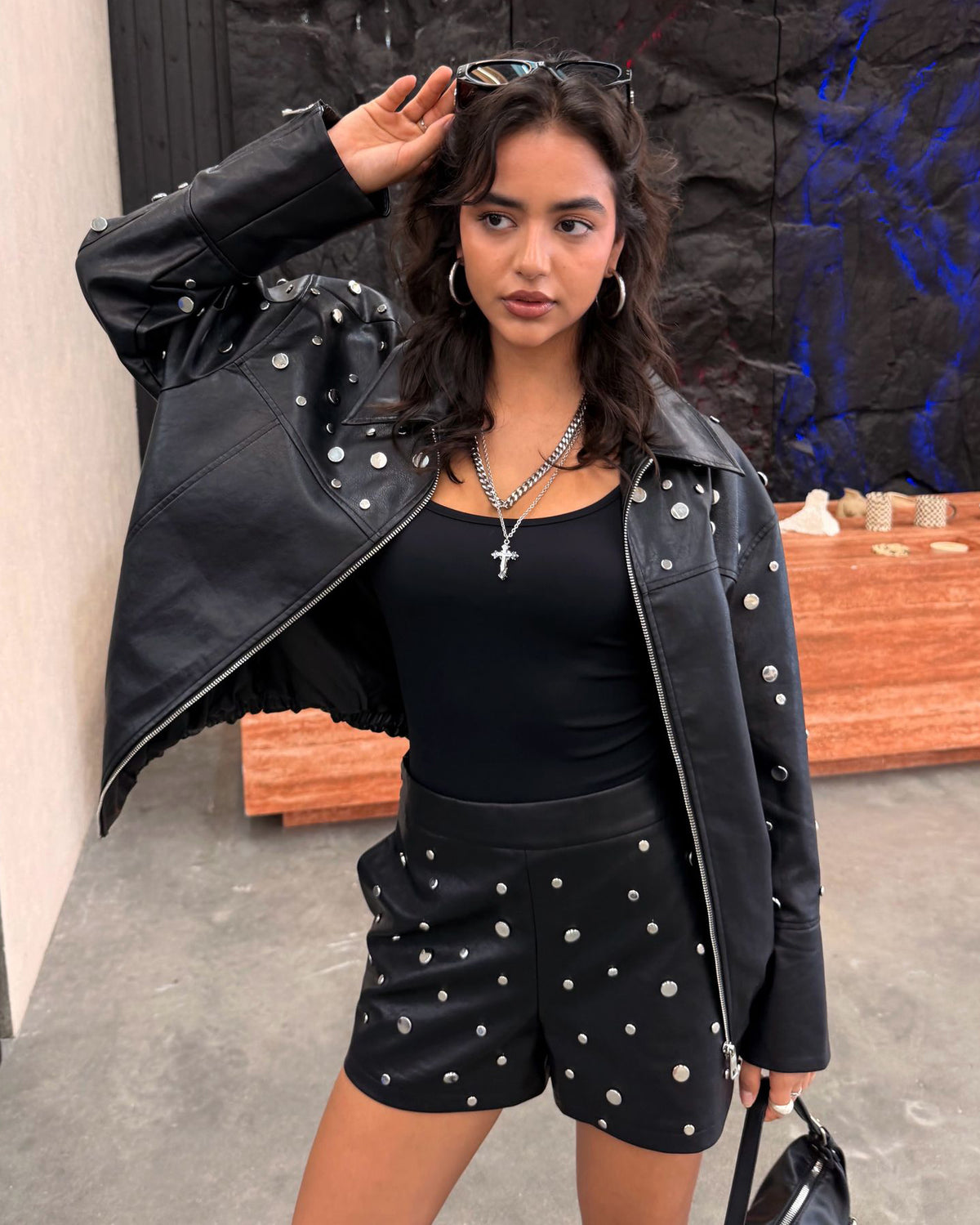 Leatherlook jacket met studs Noa Donkerbruin