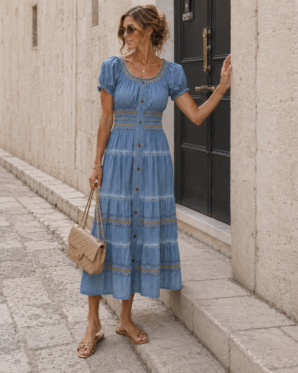 Denim look jurk met knopen Puck Lichtblauw