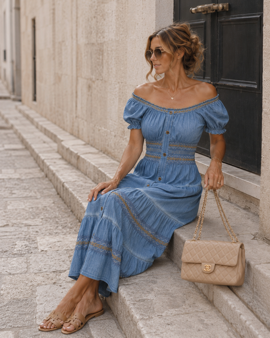 Denim look jurk met knopen Puck Lichtblauw