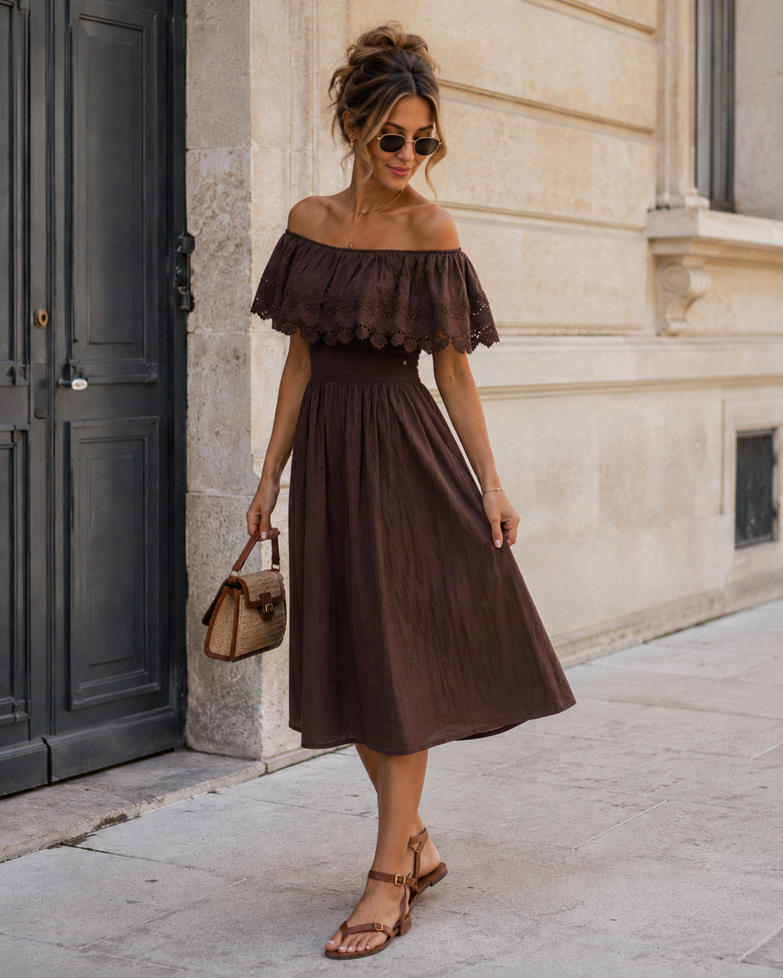 Off-shoulder jurk met broderie Bibi Donkerbruin