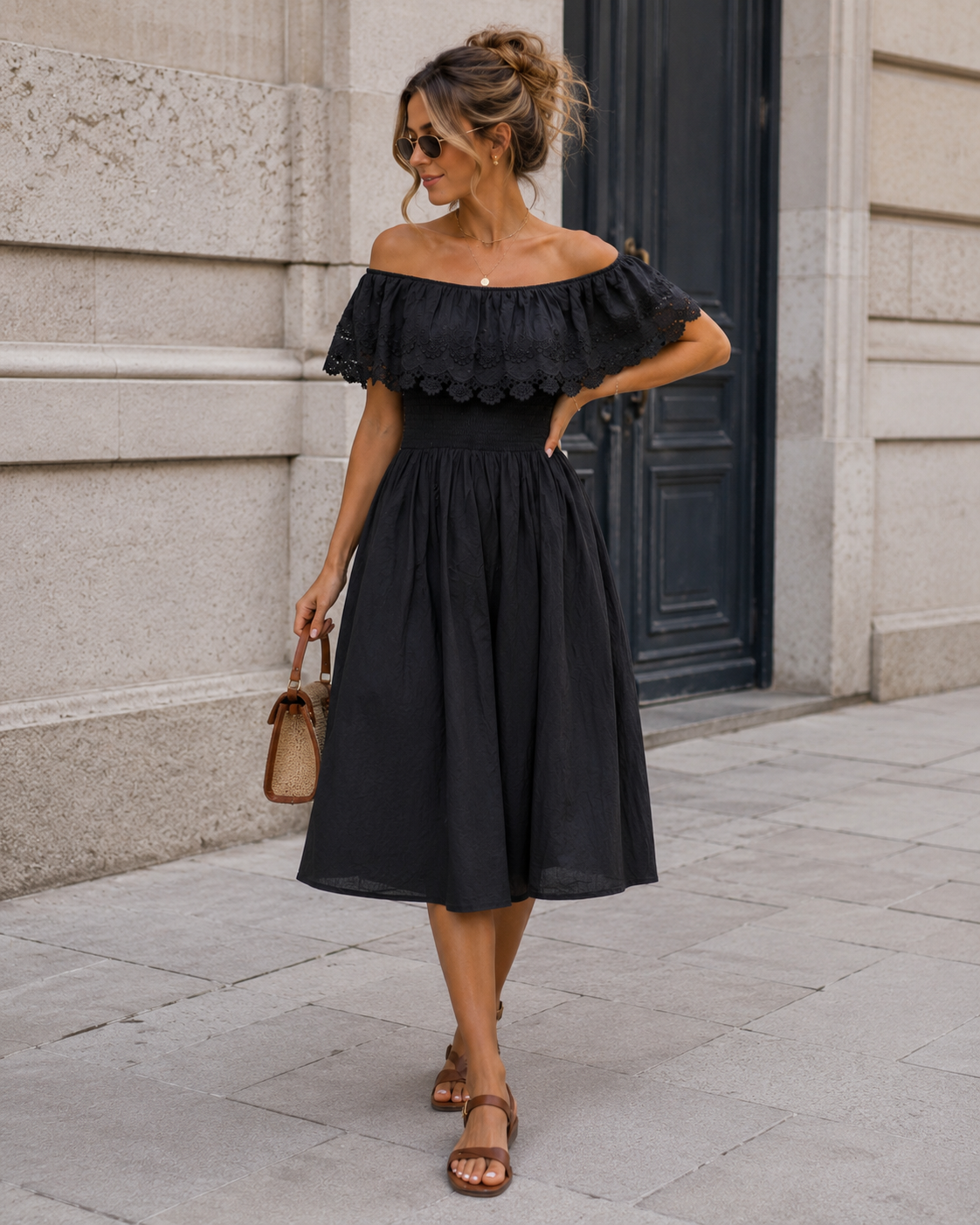 Off-shoulder jurk met broderie Bibi Zwart