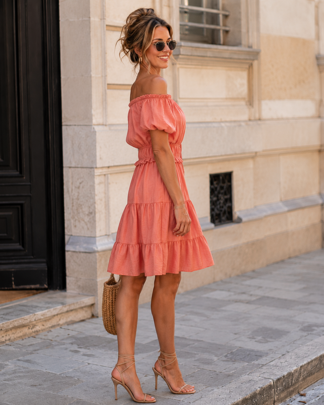 Off-shoulder jurk Noor Koraal