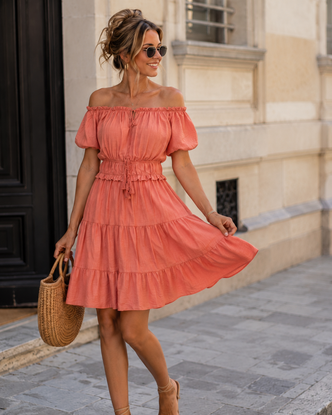 Off-shoulder jurk Noor Koraal