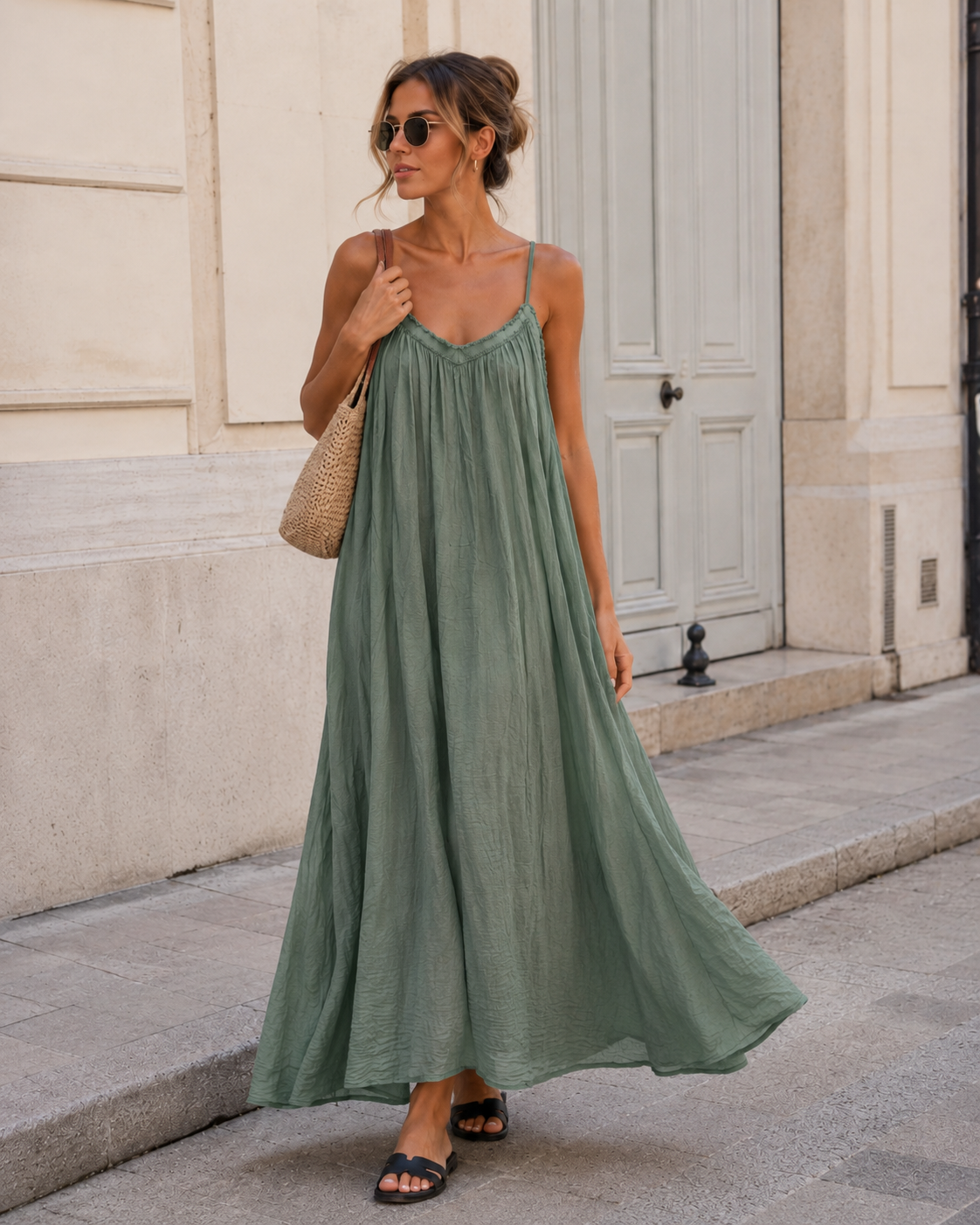 Lange jurk met bandjes Bella Groen