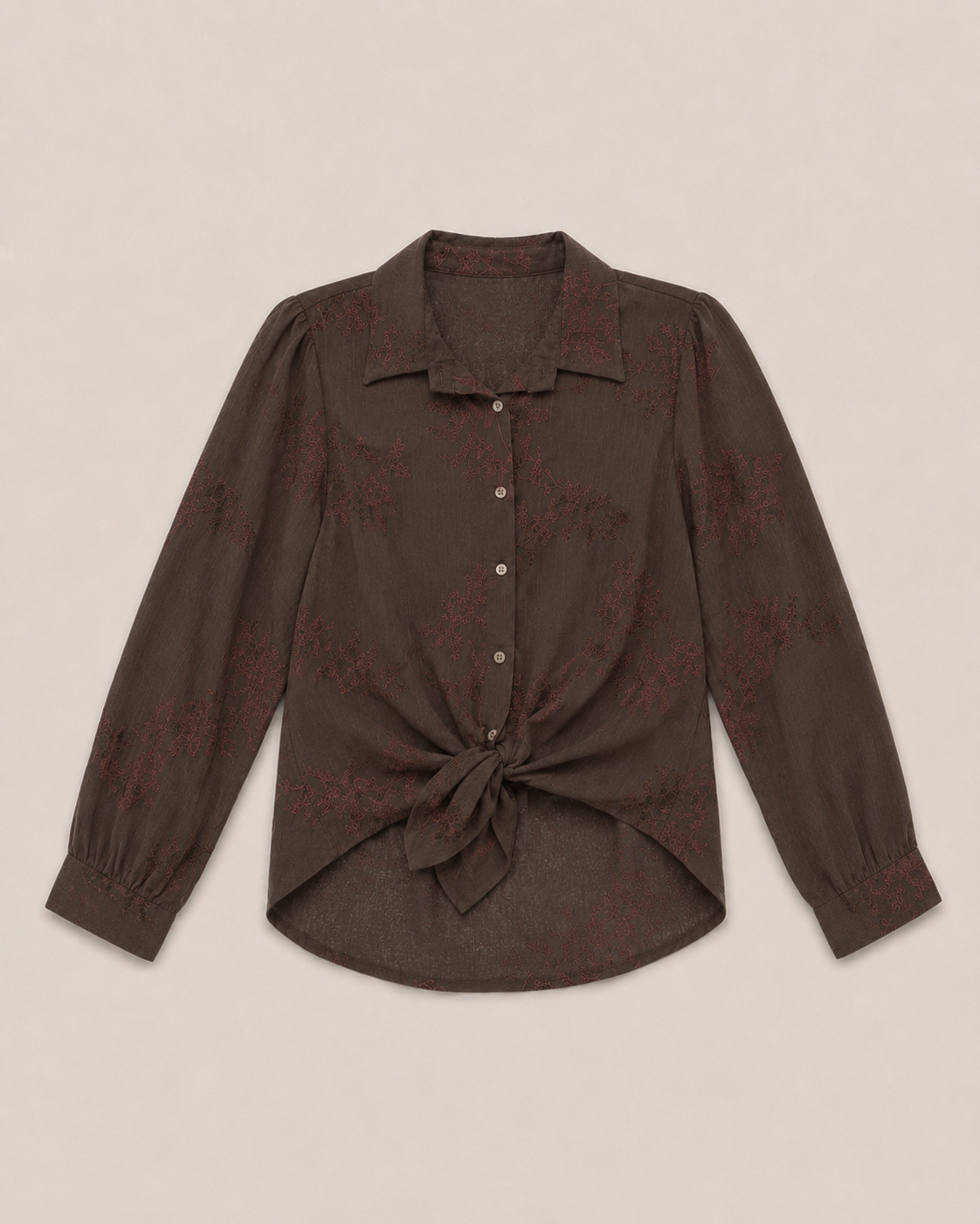 Donkerbruine blouse Evelyn met bloemenprint en afneembare strik