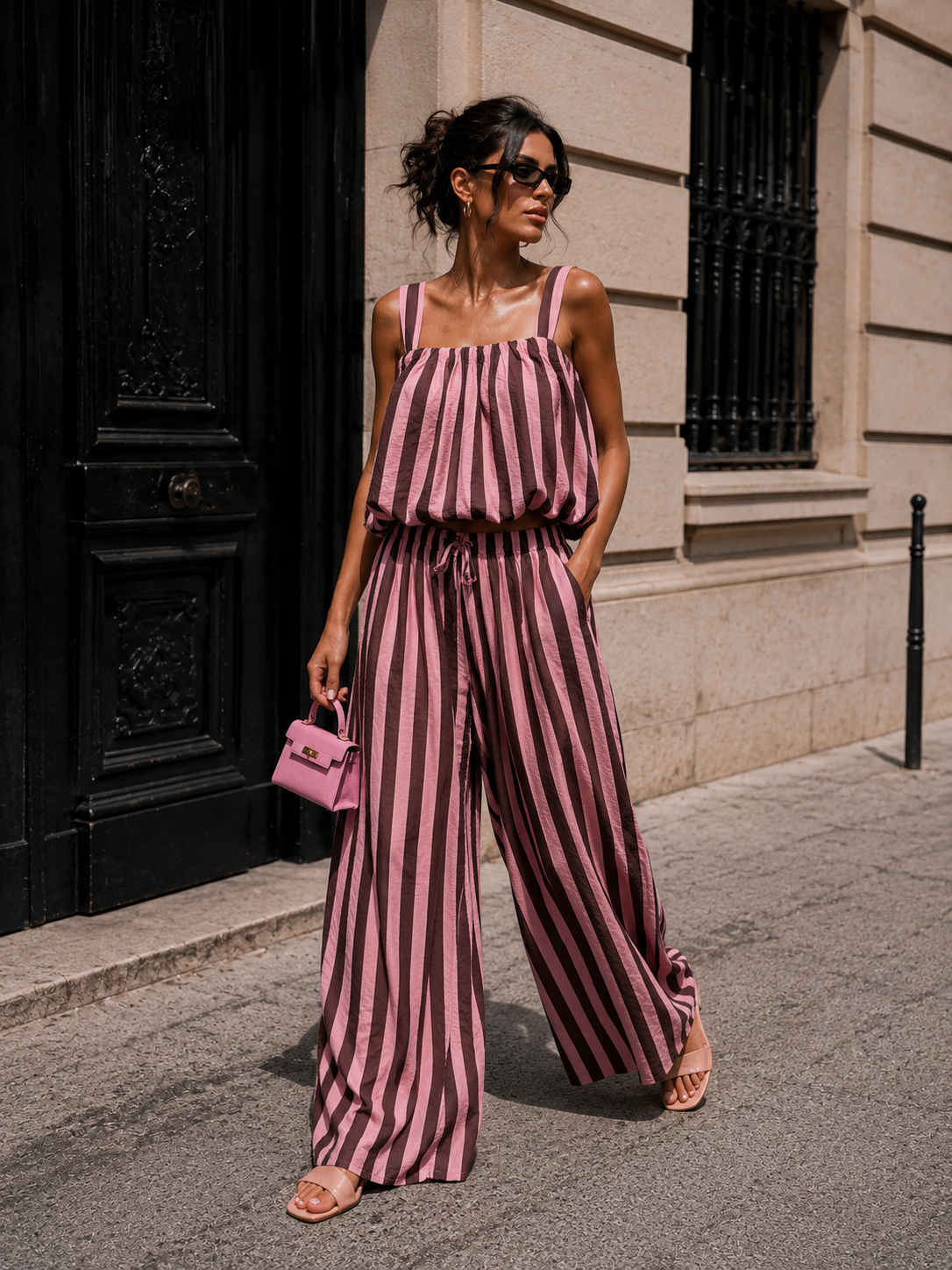 Gestreept co-ord set Estelle Bruin/ Roze
