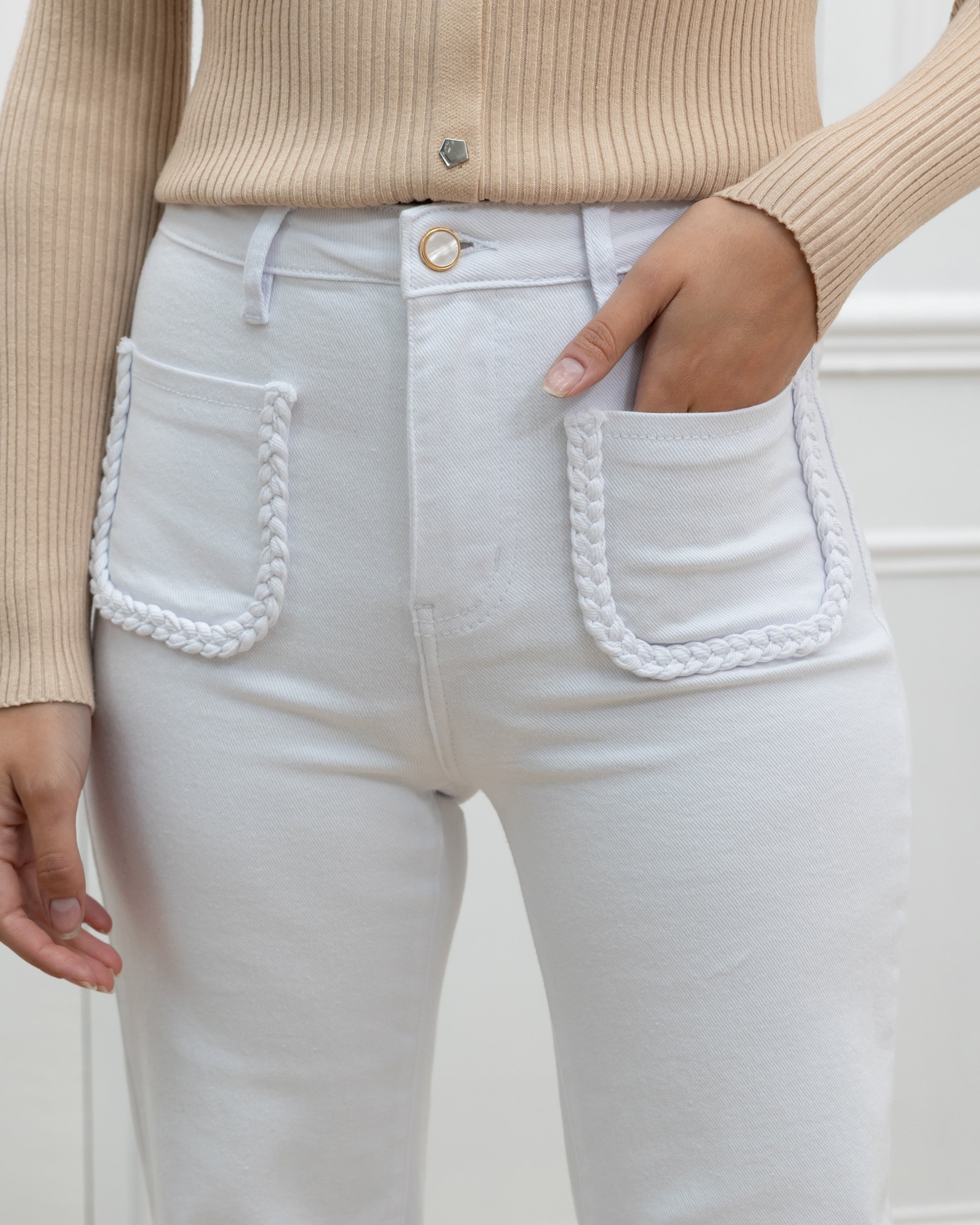 Folyrose wide leg jeans wit dames met vlechtzakken - detail