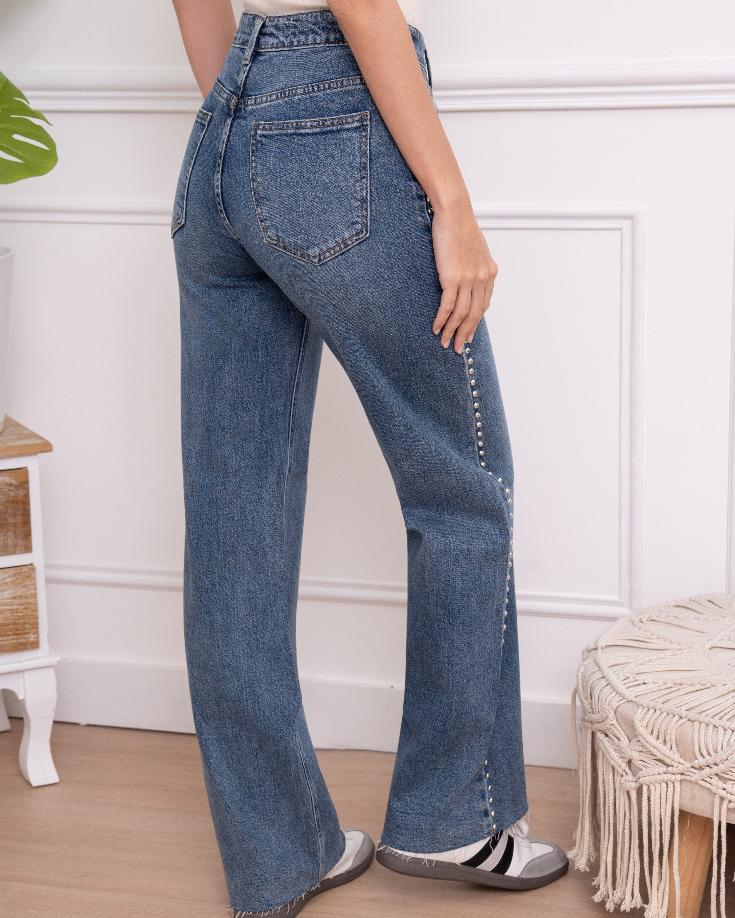 Folyrose wide leg jeans dames blauw met studs langs zijkant - zijkant