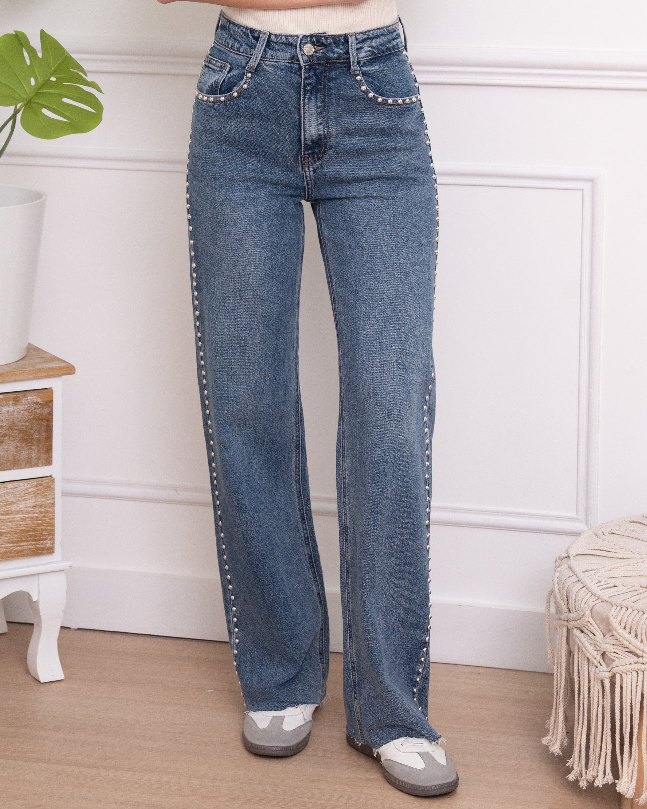 Folyrose wide leg jeans dames blauw met studs langs zijkant - voorkant