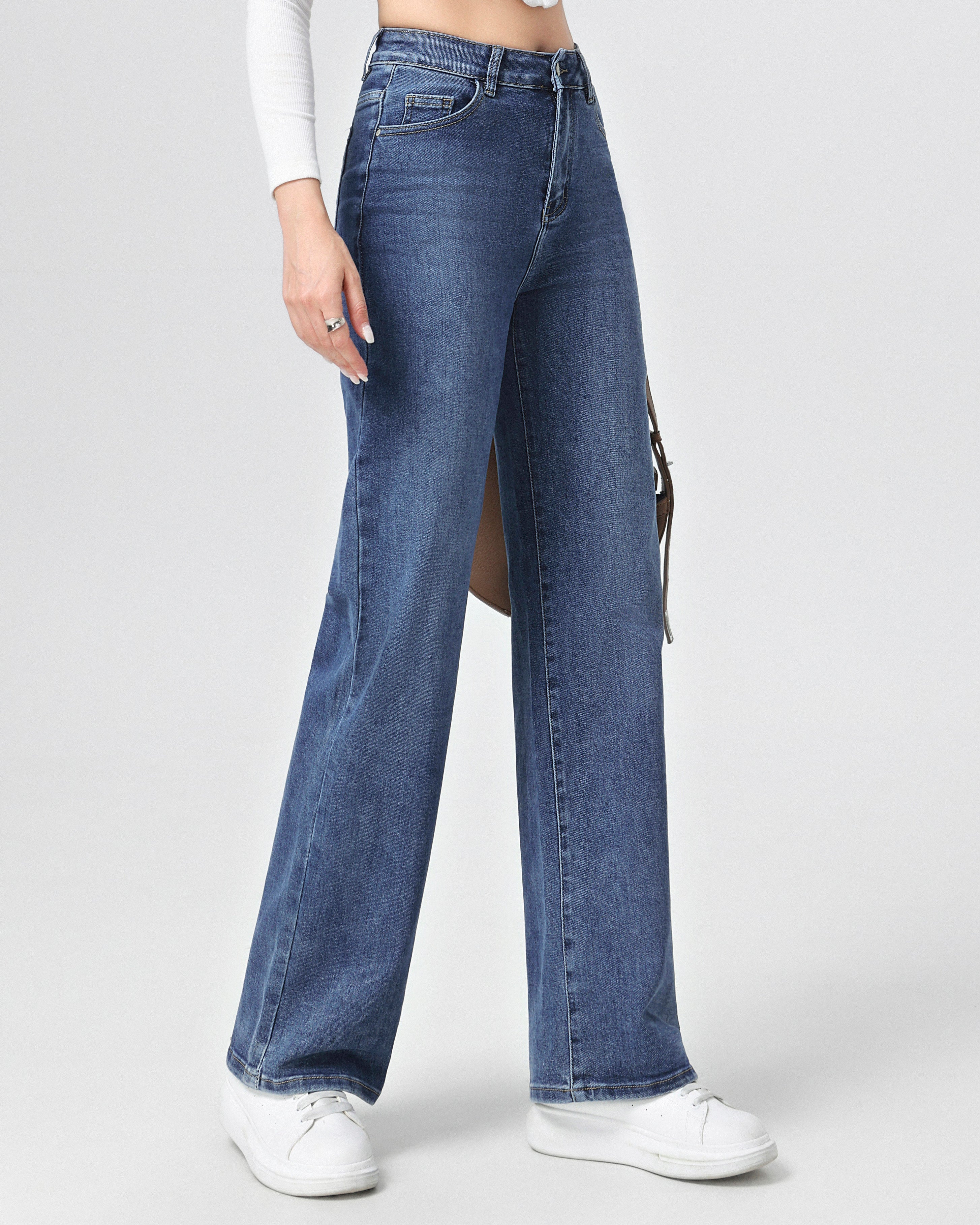 Stretch wide leg jeans dames blauw Hello Miss
