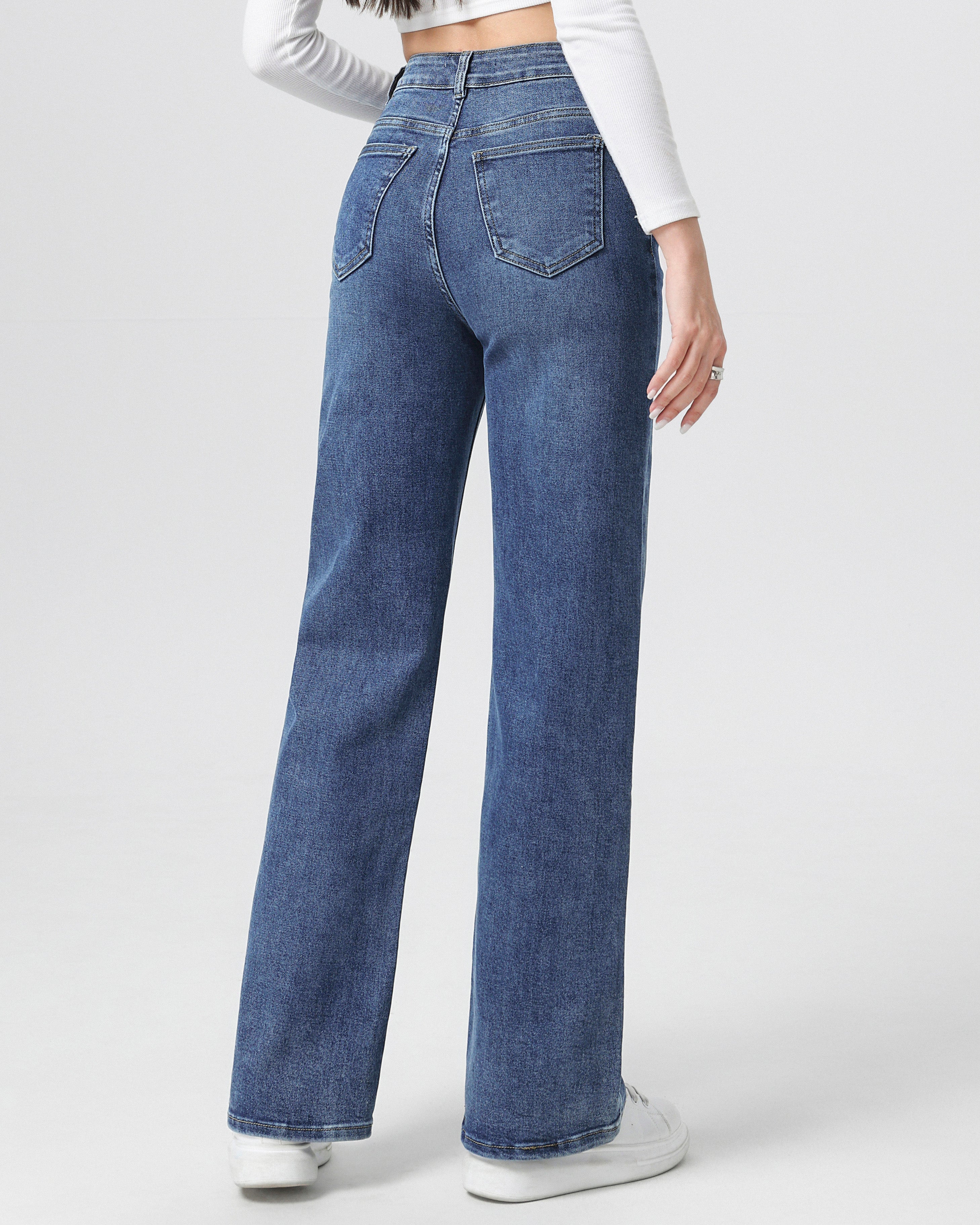 Stretch wide leg jeans dames blauw Hello Miss - achterkant