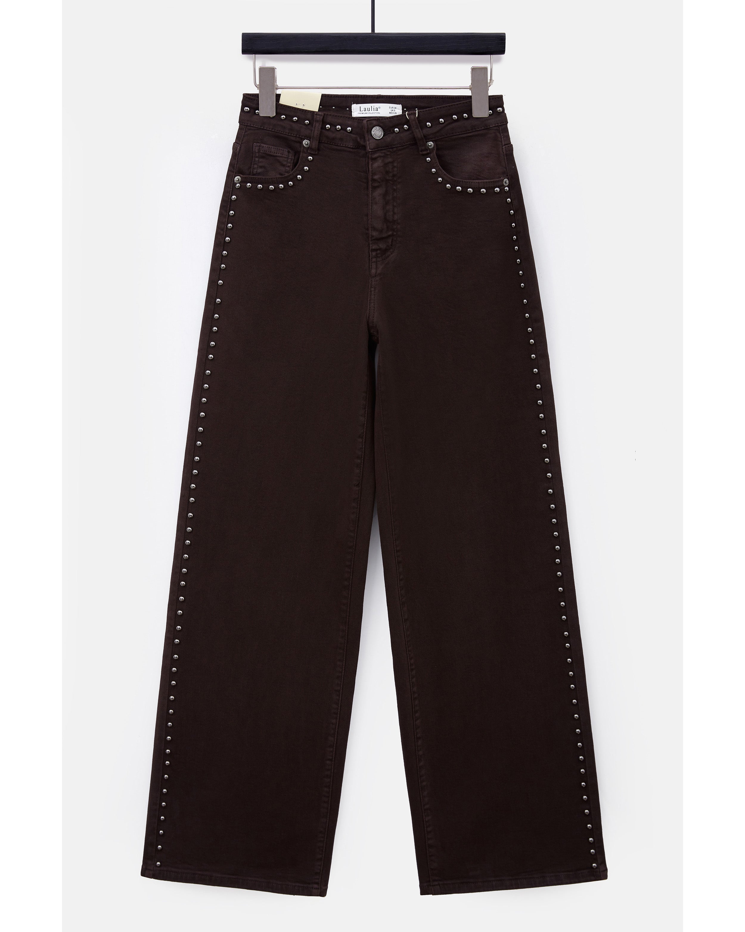 donkerbruine Laulia wide leg jeans met zilverkleurige studs dames voorkant