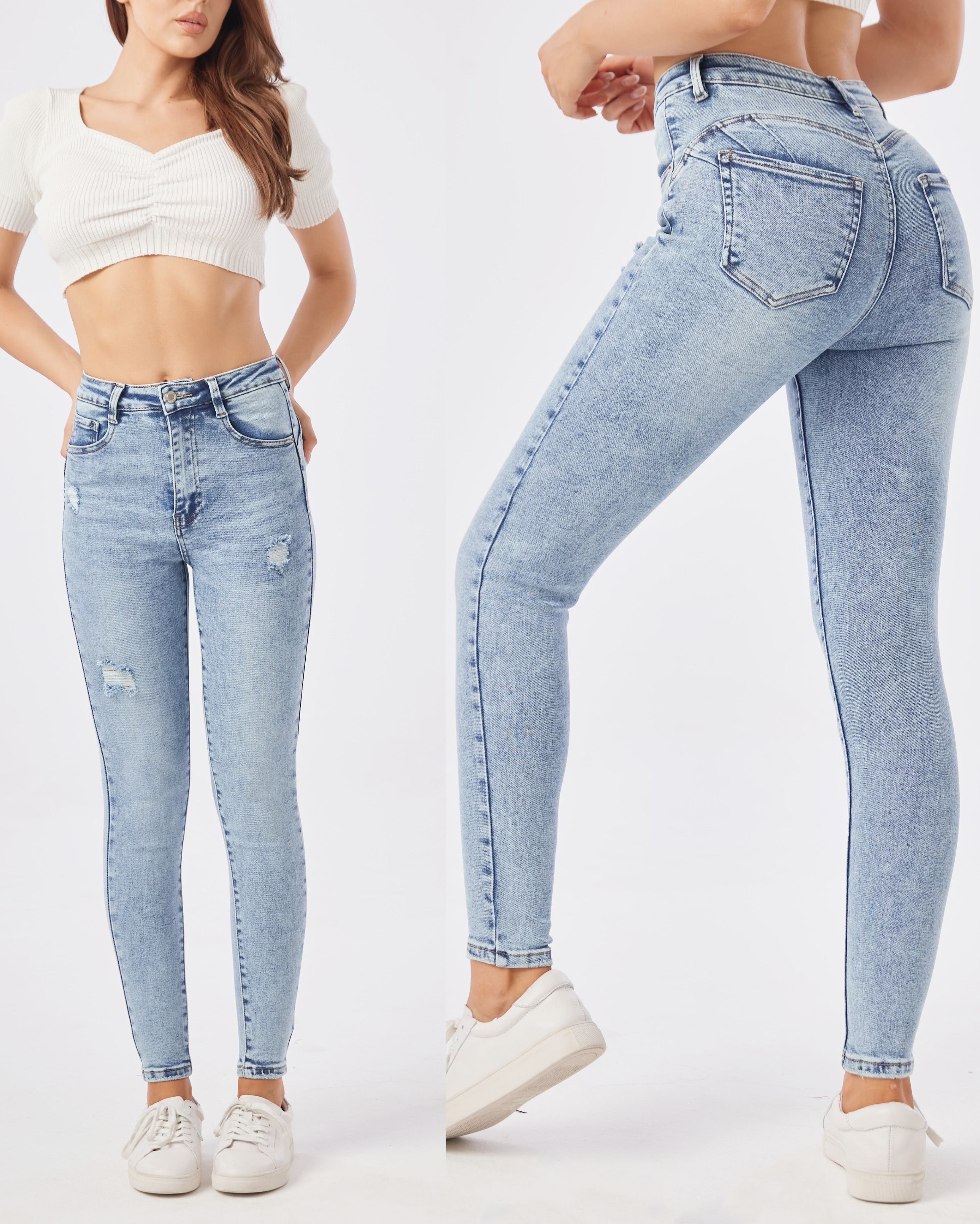 Laulia skinny jeans lichtblauw met destroyed details – voorkant + achterkant
