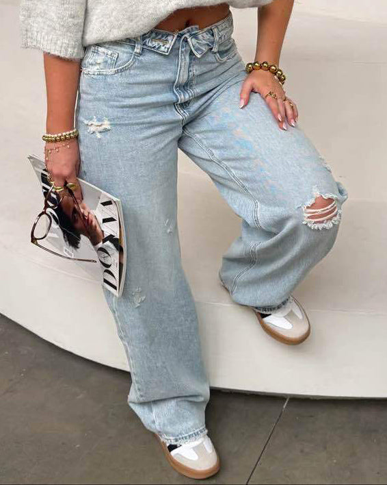 Queen Hearts | Baggy wide leg jeans met omslag Deb-1 Lichtblauw