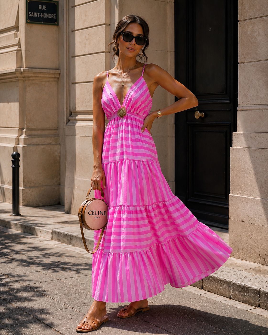 Gestreepte maxi jurk Elin Fuchsia