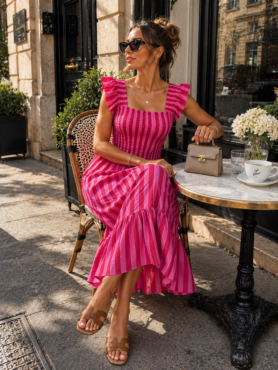 Gestreepte maxi jurk met rushes Noa Fuchsia