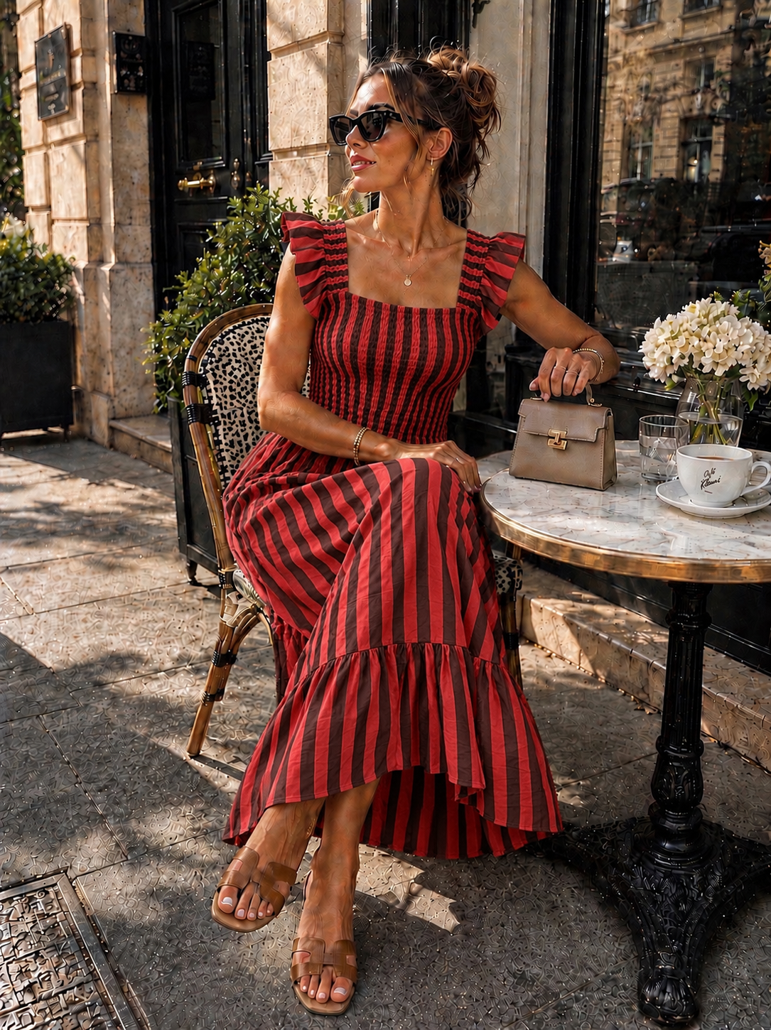 Gestreepte maxi jurk met rushes Noa Bruin/ Rood