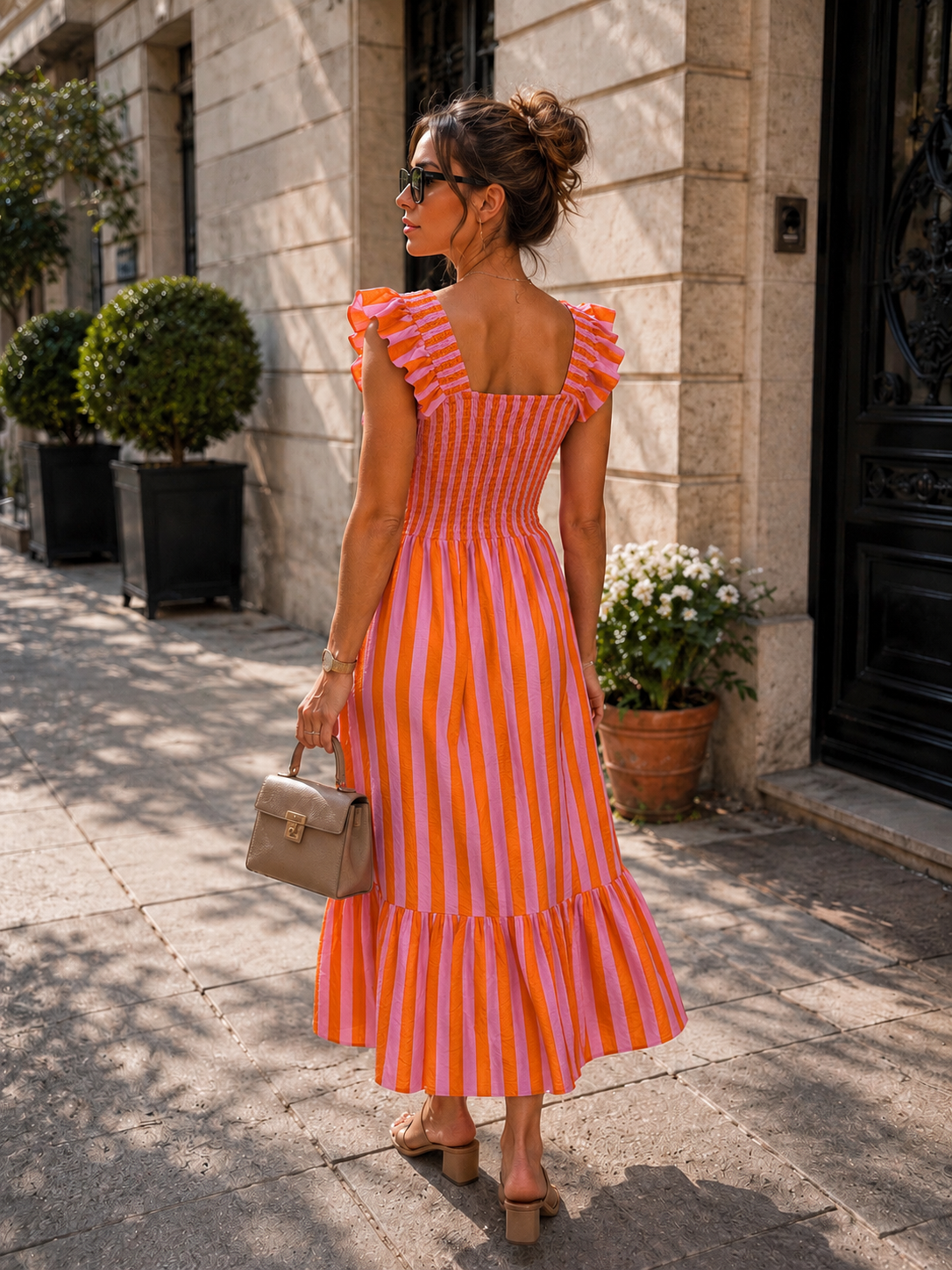 Gestreepte maxi jurk met rushes Noa Oranje