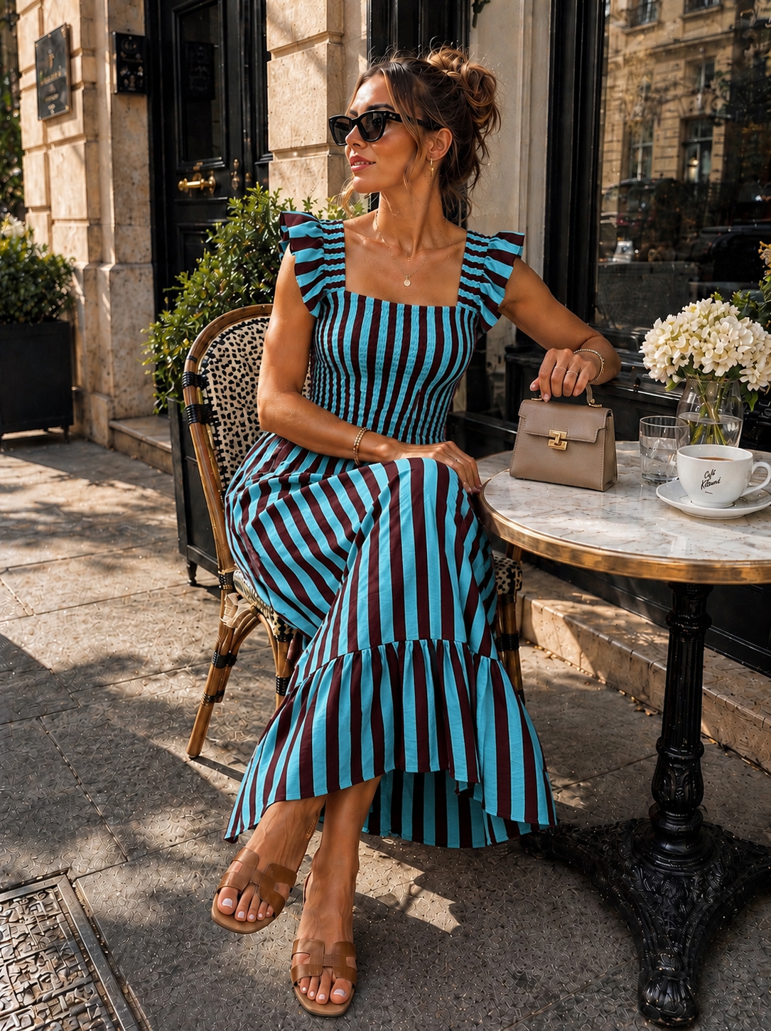 Gestreepte maxi jurk met rushes Noa Blauw/ Bordeaux