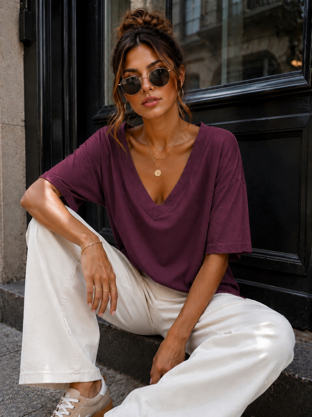 Basic T-shirt V-hals Milly Aubergine