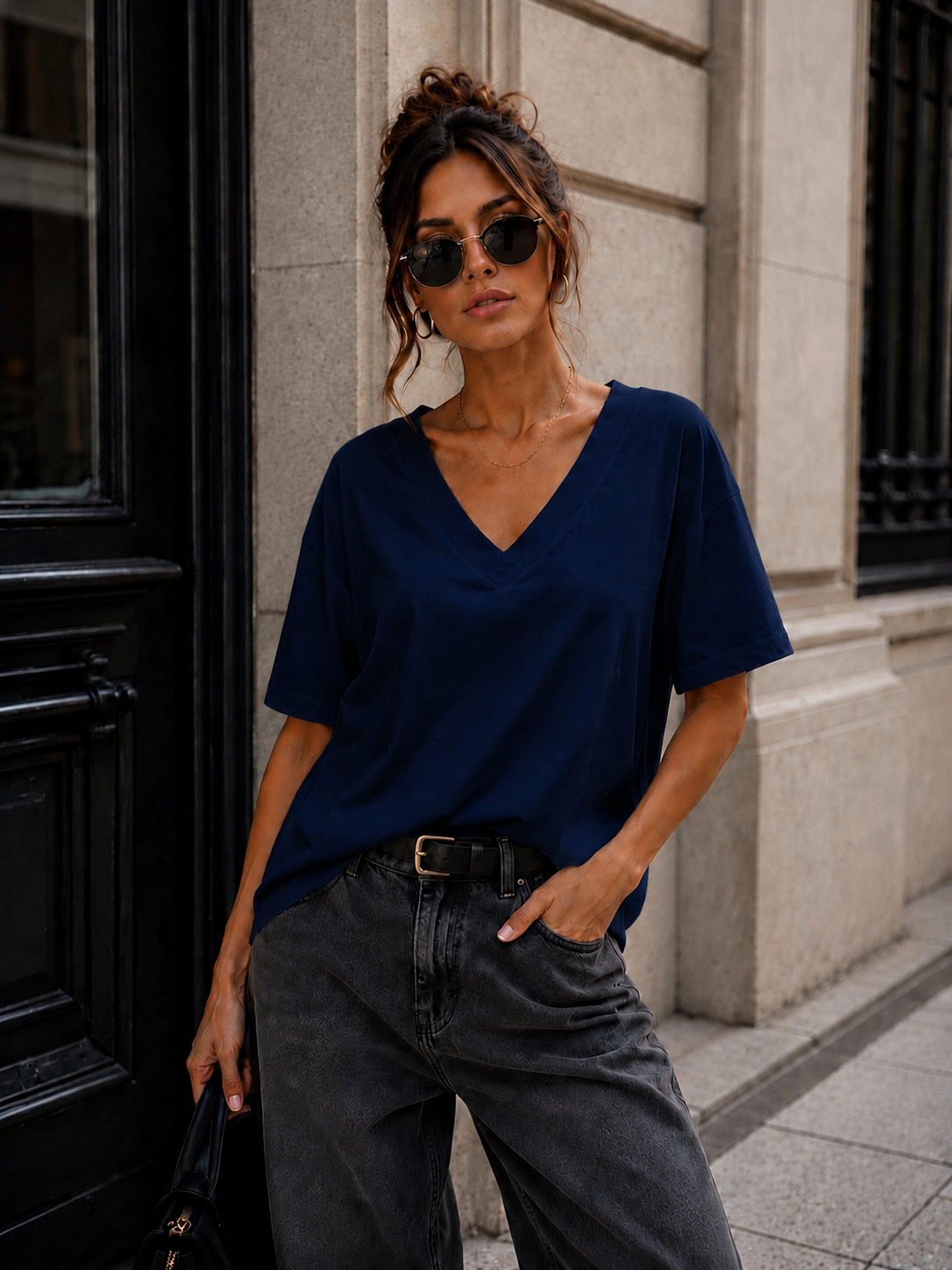 Basic T-shirt V-hals Milly Donkerblauw
