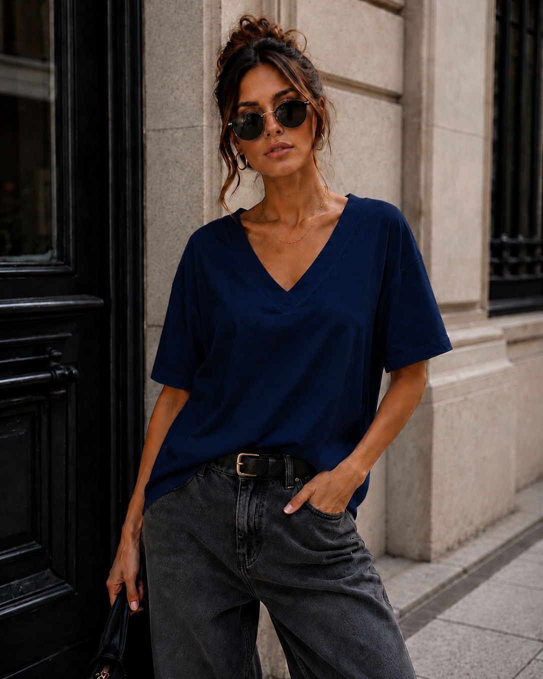 Basic T-shirt V-hals Milly Donkerblauw