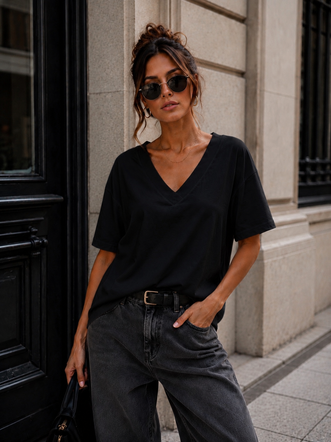 Basic T-shirt V-hals Milly Zwart