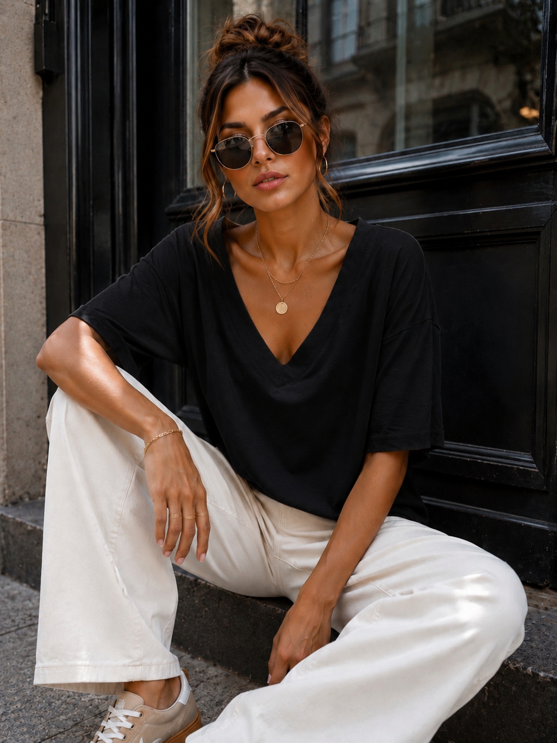 Basic T-shirt V-hals Milly Zwart