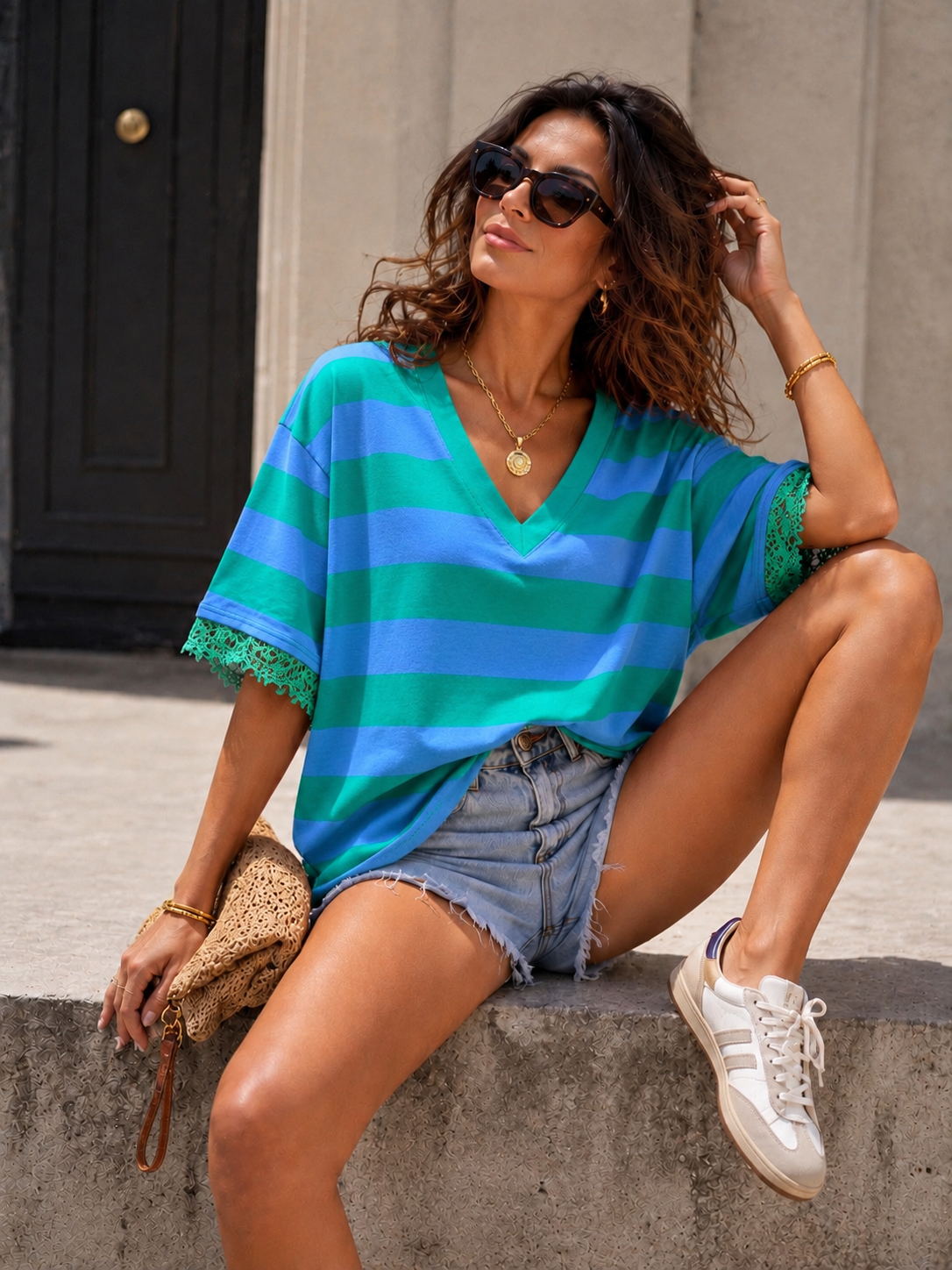 Gestreept T-shirt kanten detail Evie Blauw/ Groen