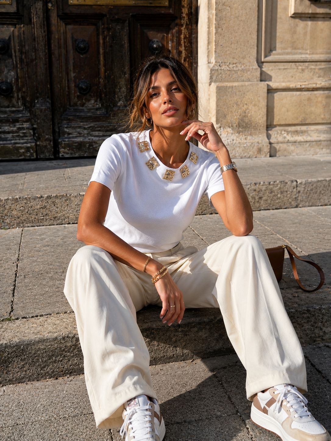 T-shirt met gouden ornamenten Bibi Wit