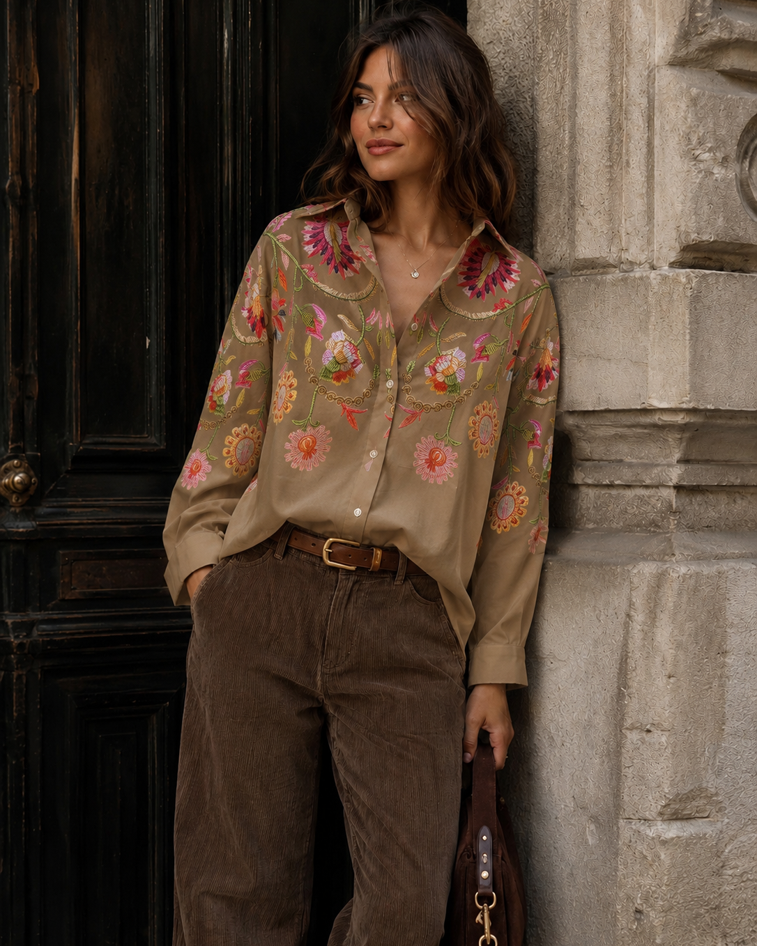 Blouse met geborduurde bloemen Lois Taupe