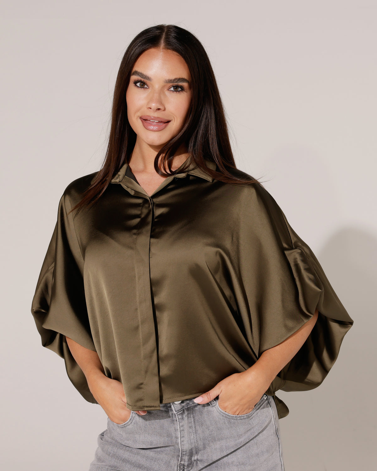 Blouse met satijnlook Liva Donkergroen