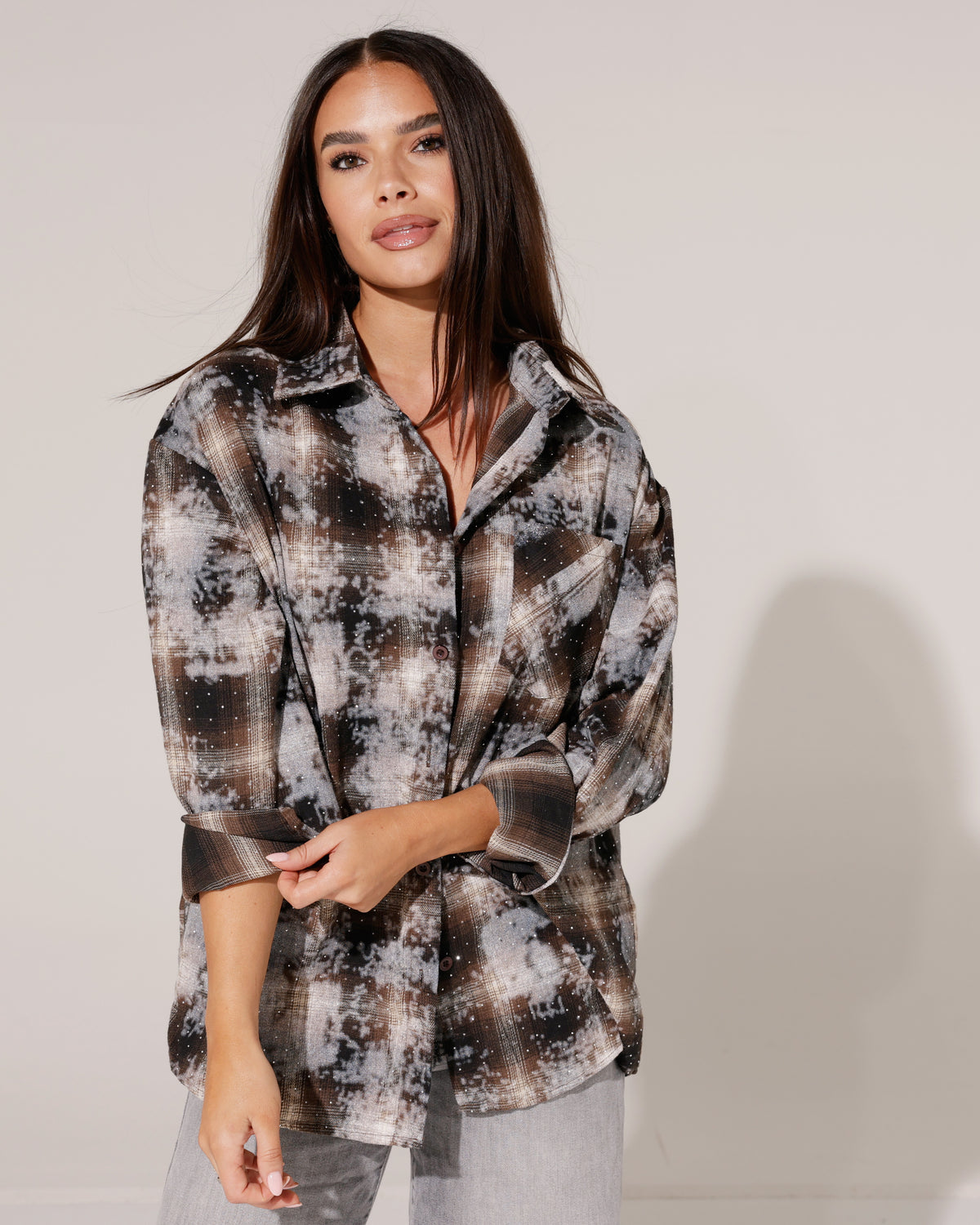 Geruite blouse met strass Jermaine Donkerbruin