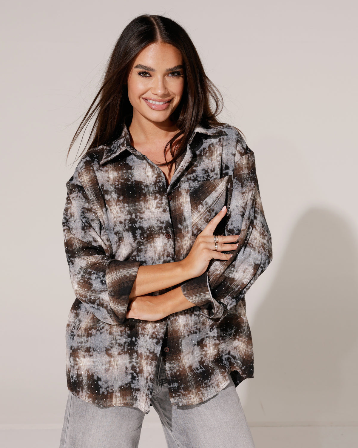 Geruite blouse met strass Jermaine Donkerbruin