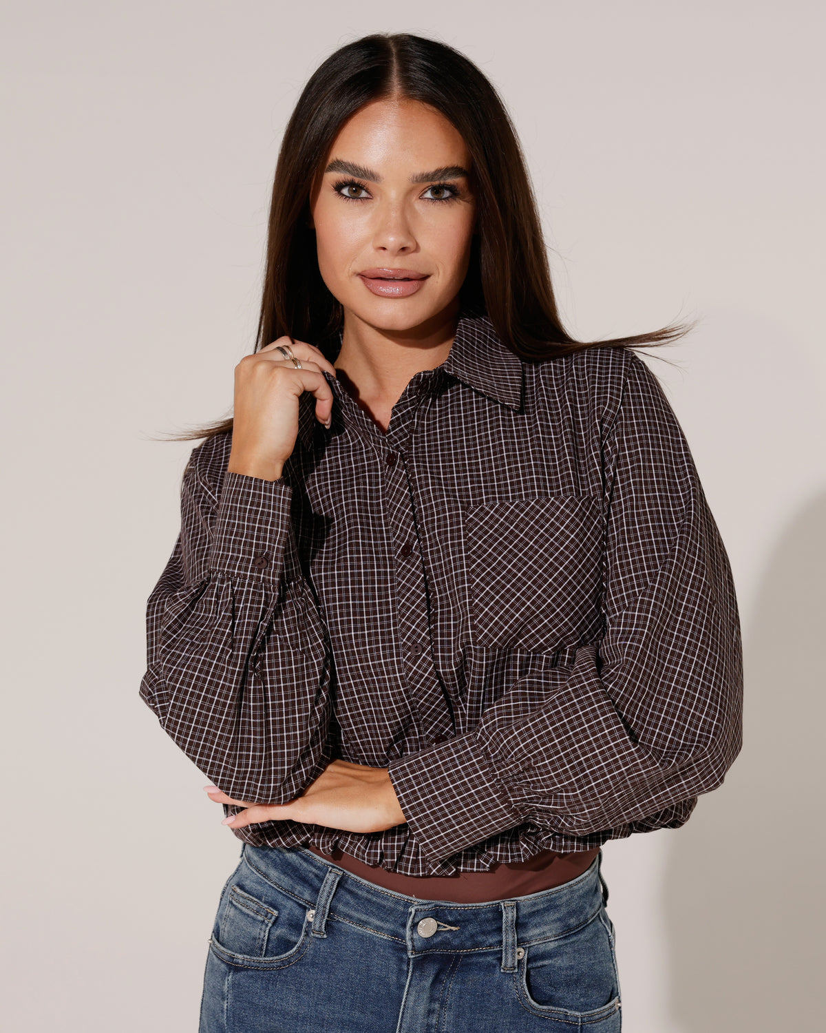 Geruite ballon blouse Channa Donkerbruin