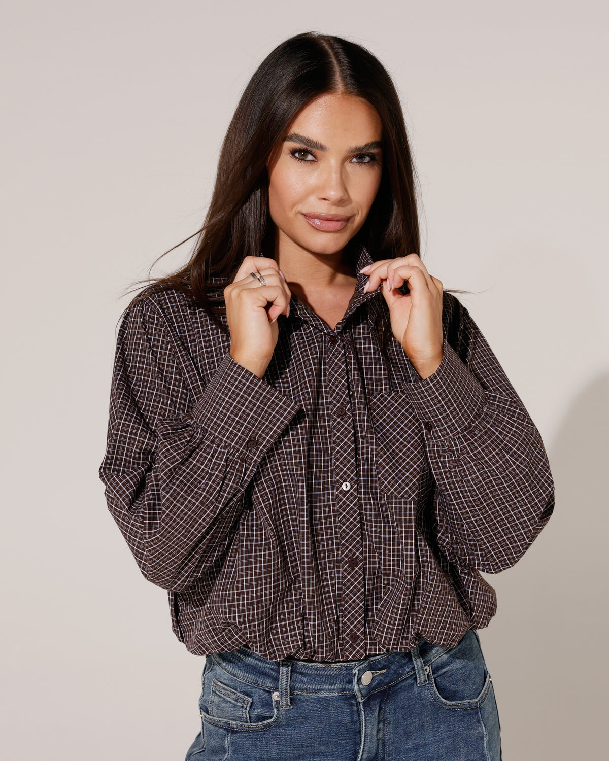 Geruite ballon blouse Channa Donkerbruin