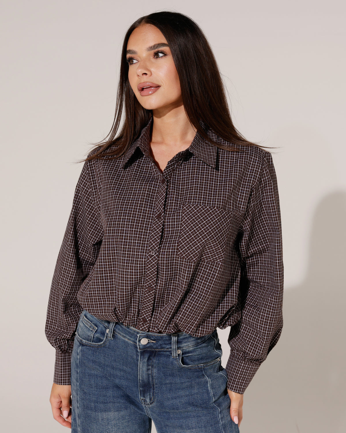 Geruite ballon blouse Channa Donkerbruin