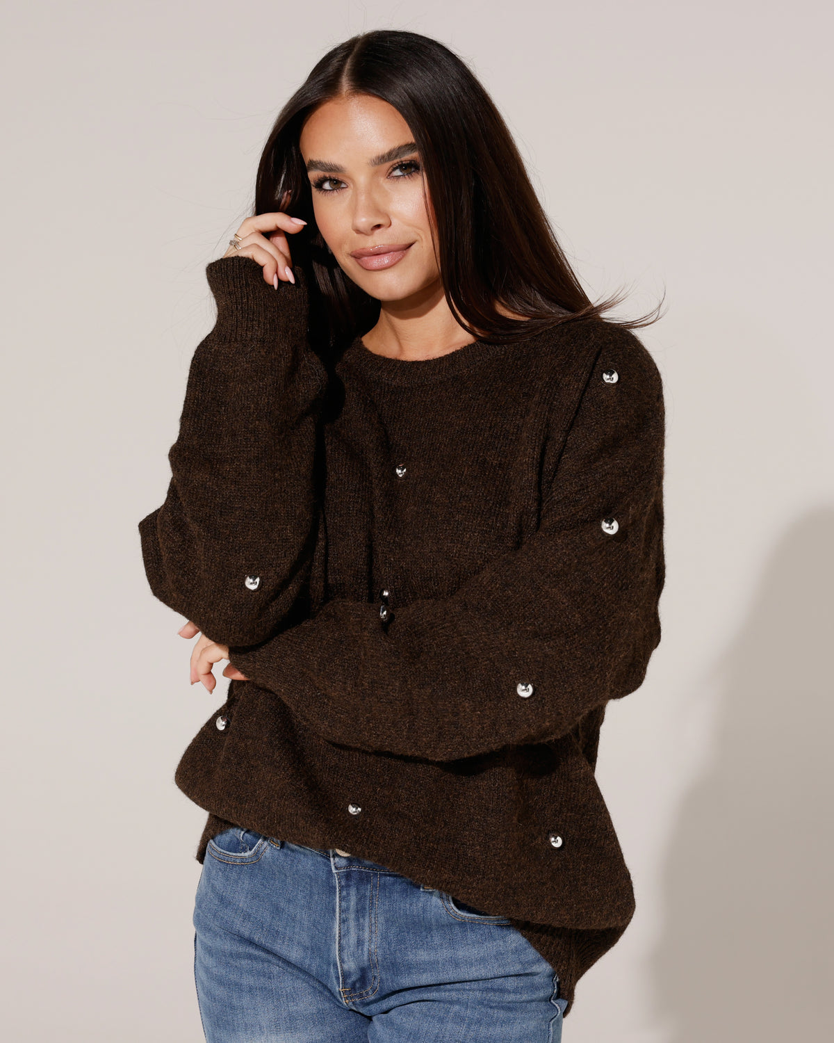Trui met zilveren studs Pien Donkerbruin
