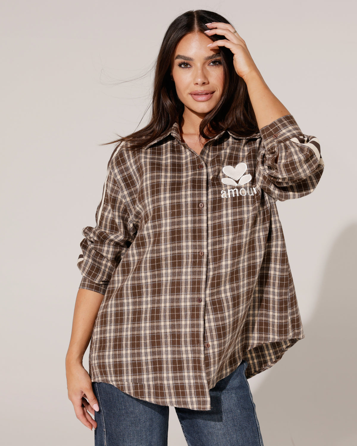 Geruite blouse met strepen Amour Donkerbruin