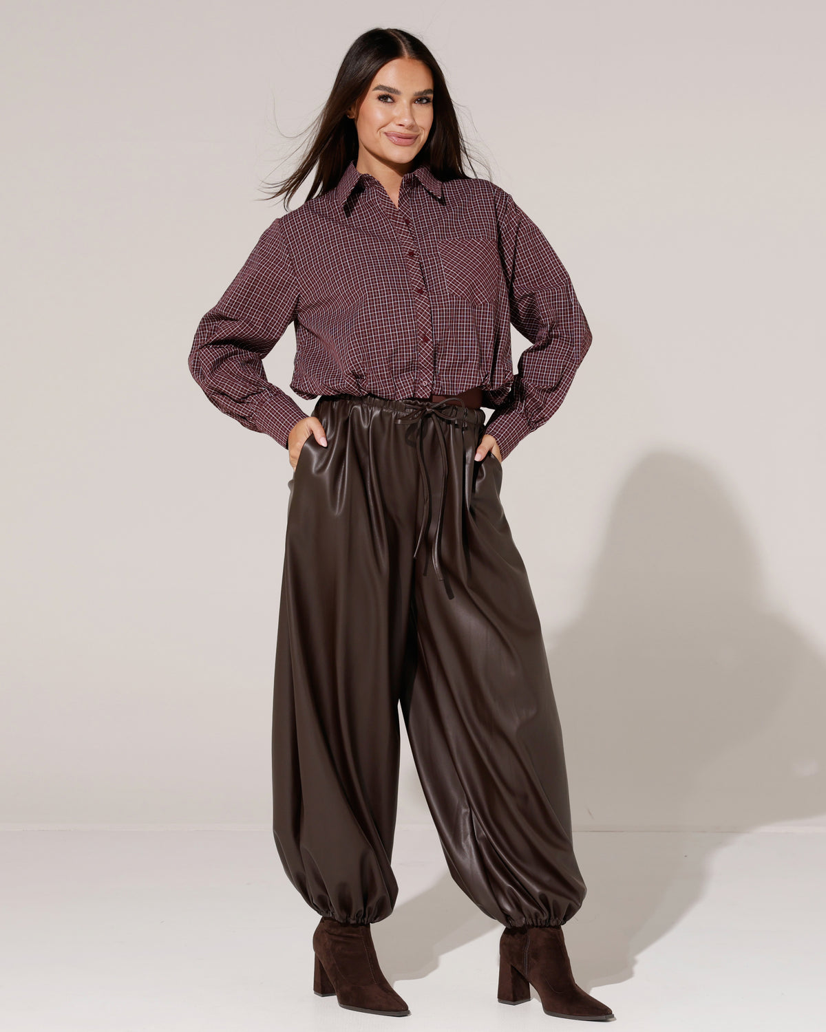 Geruite ballon blouse Channa Bordeaux