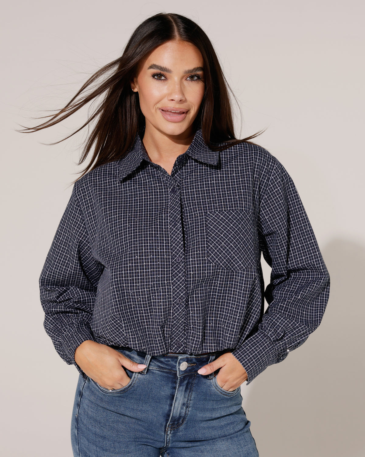Geruite blouse met glitters Kailey Donkerblauw