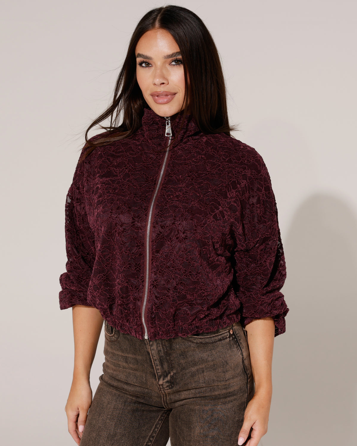 Bomberjacket van kant Feline Aubergine