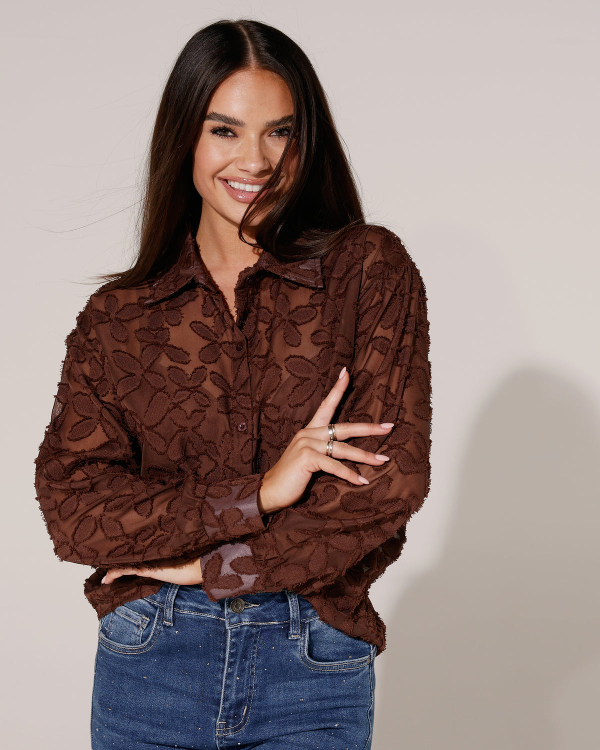 Blouse met bloem motief Maya Donkerbruin