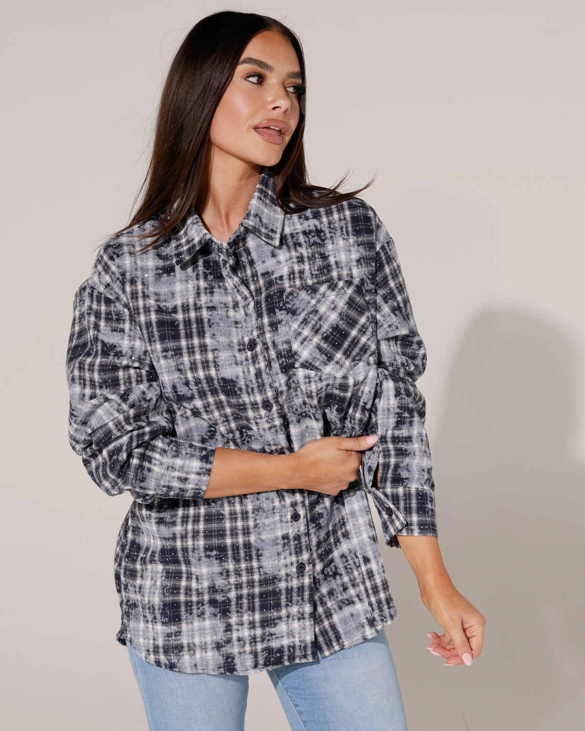 Geruite blouse met strass Jermaine Donkerblauw