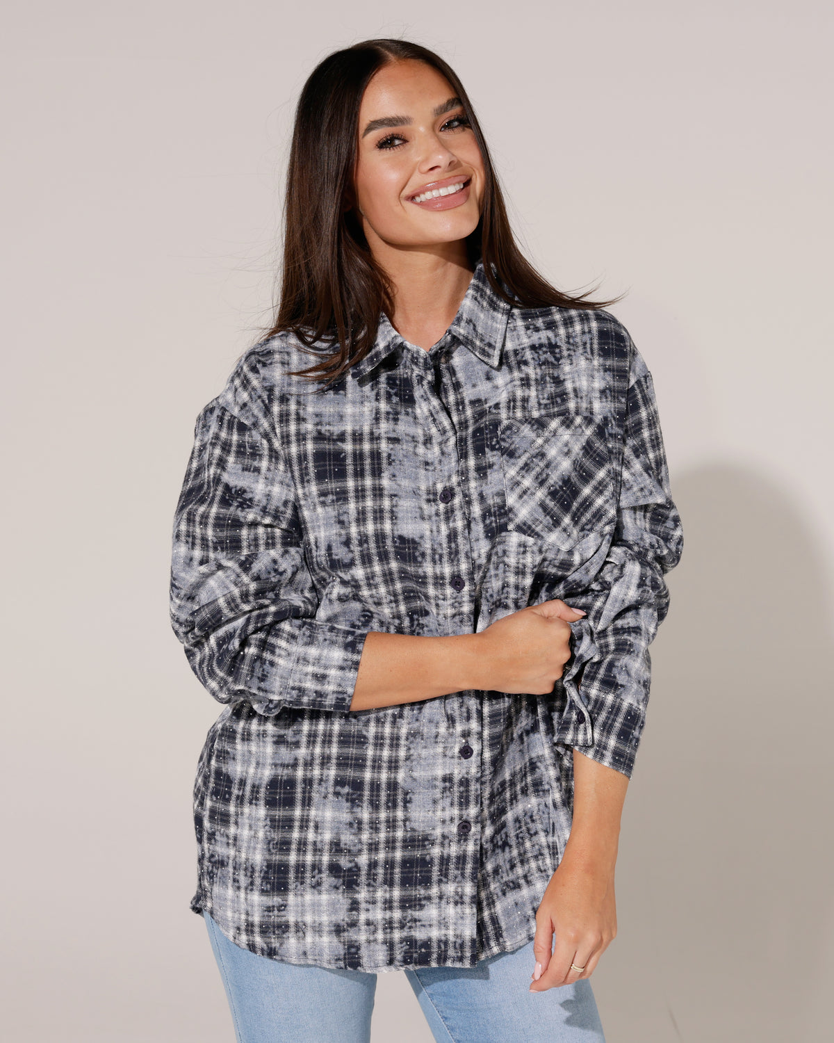 Geruite blouse met strass Jermaine Donkerblauw