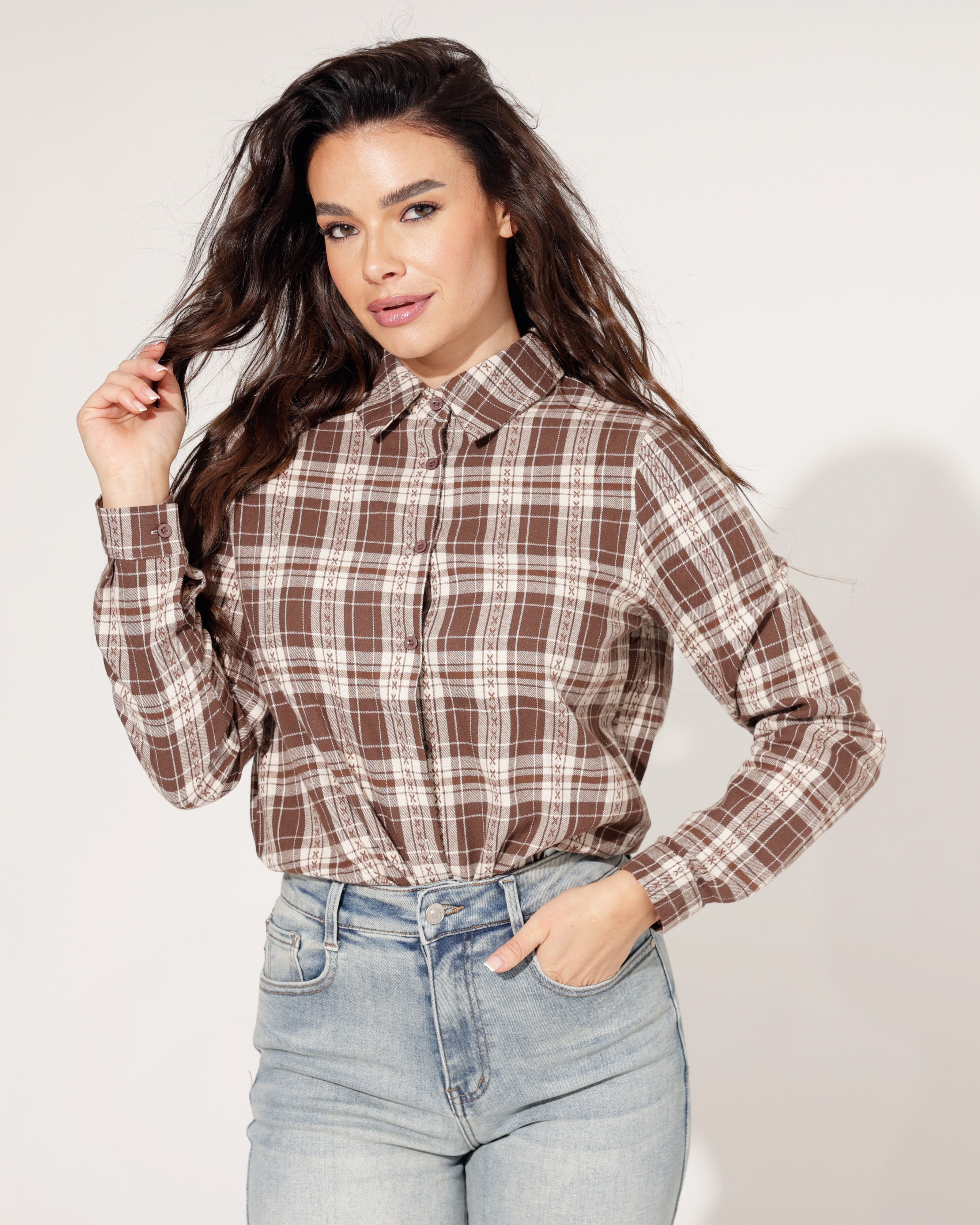 Geruite blouse Jenna Bruin