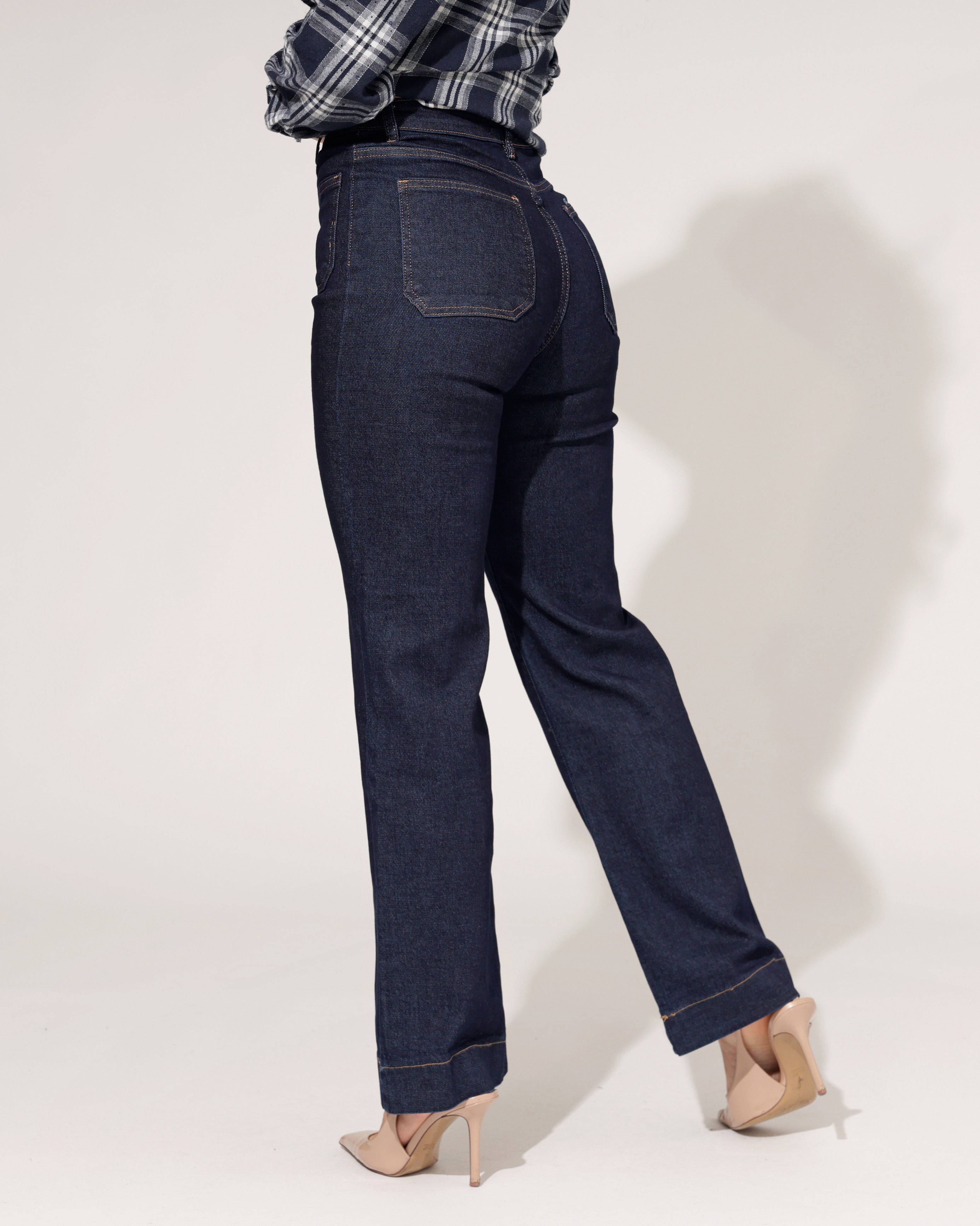 Blauwe wide leg jeans dames met stretch Folyrose - achterkant 2