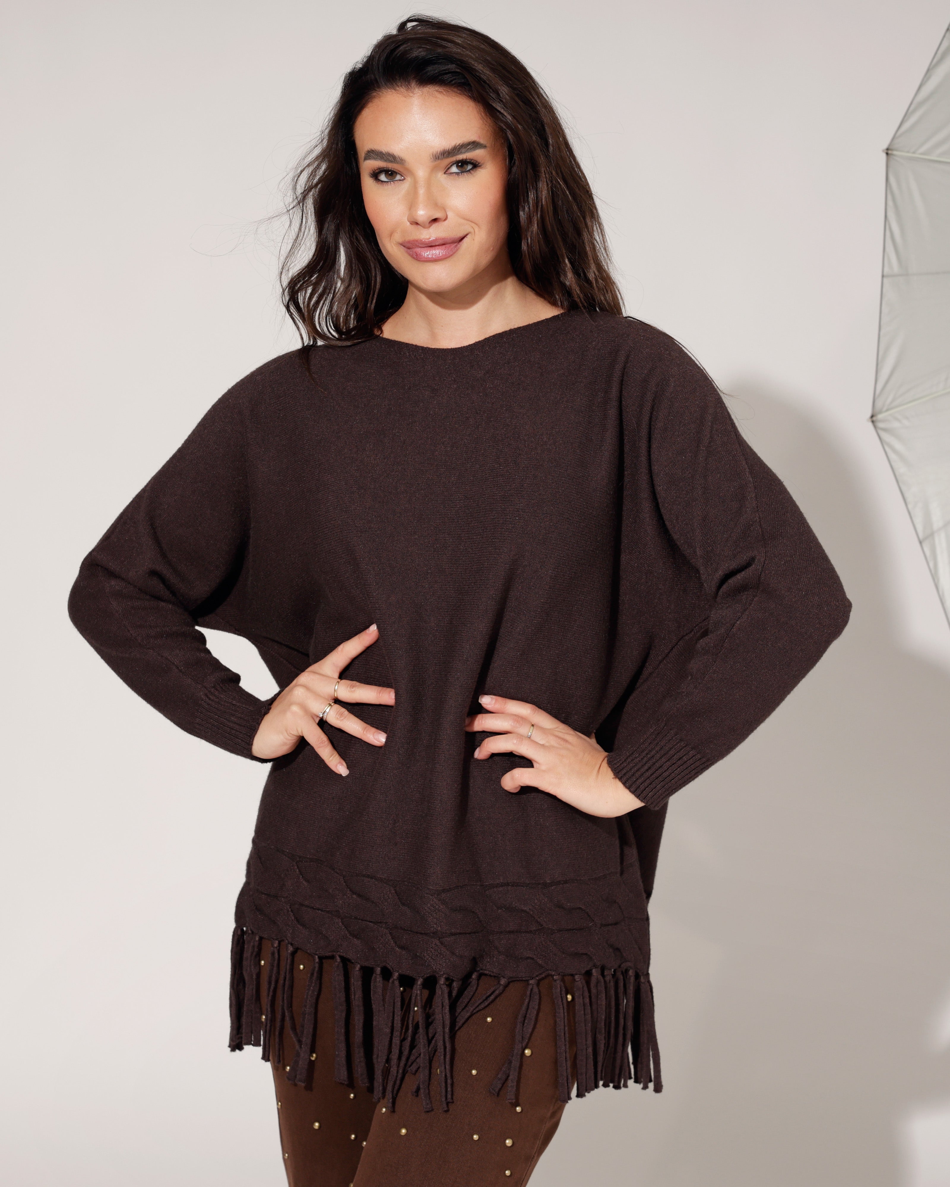 Trui met fringes Venna Bruin