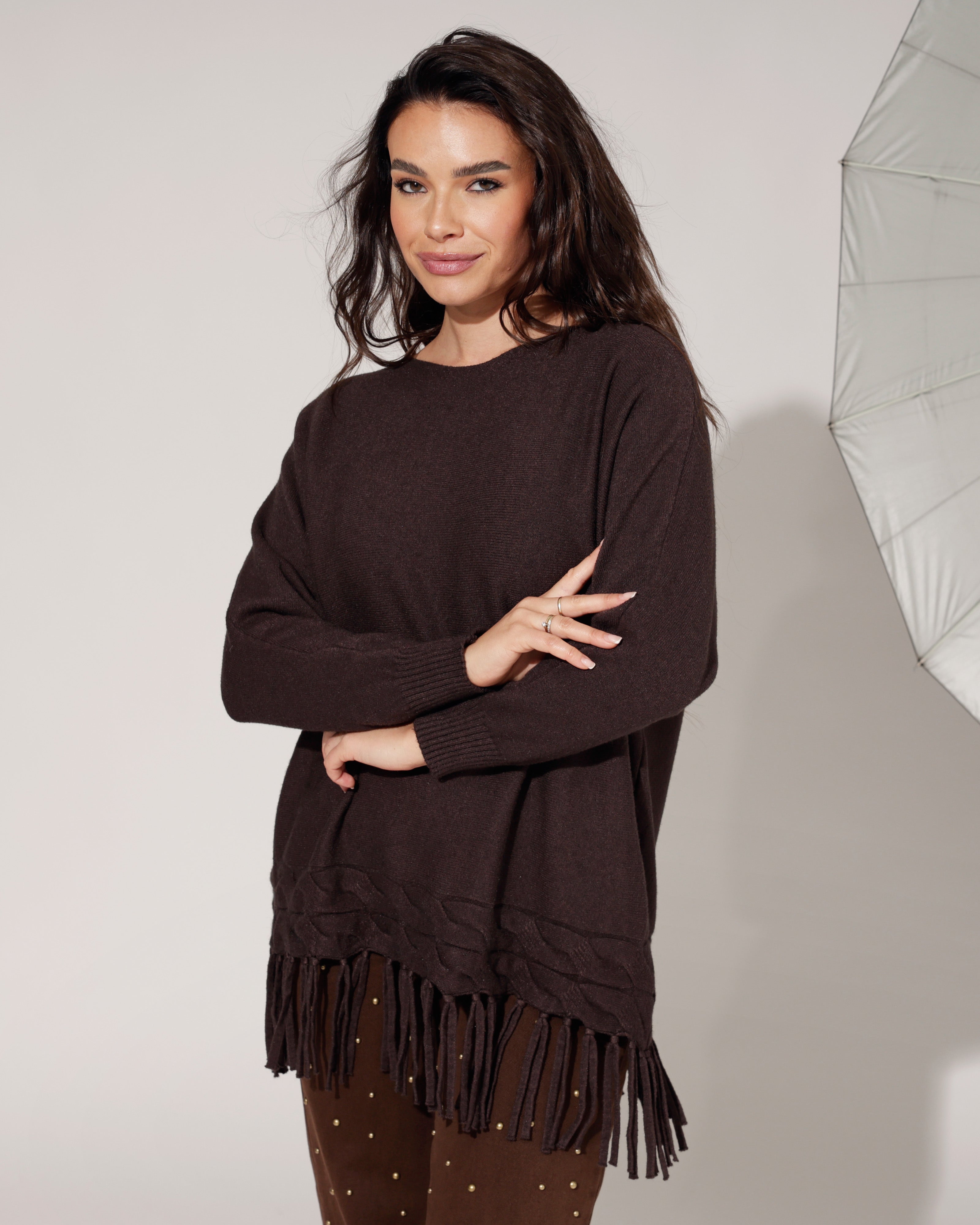 Trui met fringes Venna Bruin